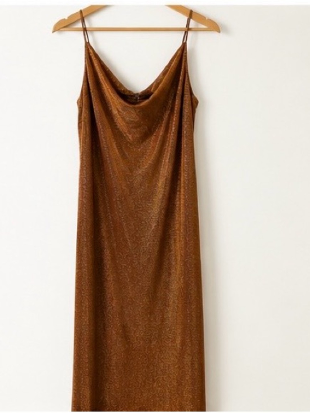 Express Metallic Copper Maxi slit Dress Large Cowl Neck Holiday Party Cocktail